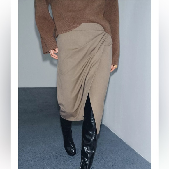 Zara NWT wool blend tan taupe ruched asymmetrical midi skirt - Picture 6 of 11